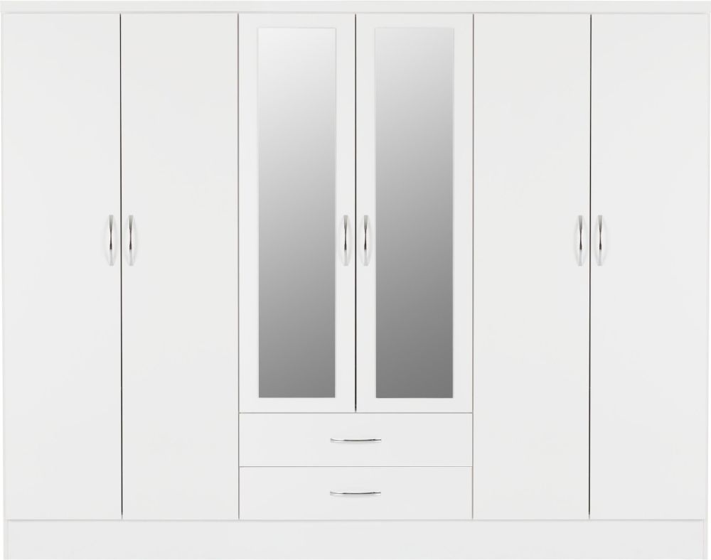 Seconique Furniture Nevada White Gloss 6 Door 2 Drawer Combi Wardrobe with Mirror
