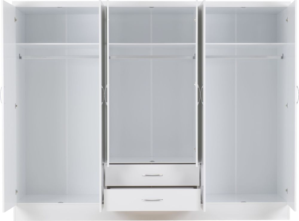 Seconique Furniture Nevada White Gloss 6 Door 2 Drawer Combi Wardrobe with Mirror